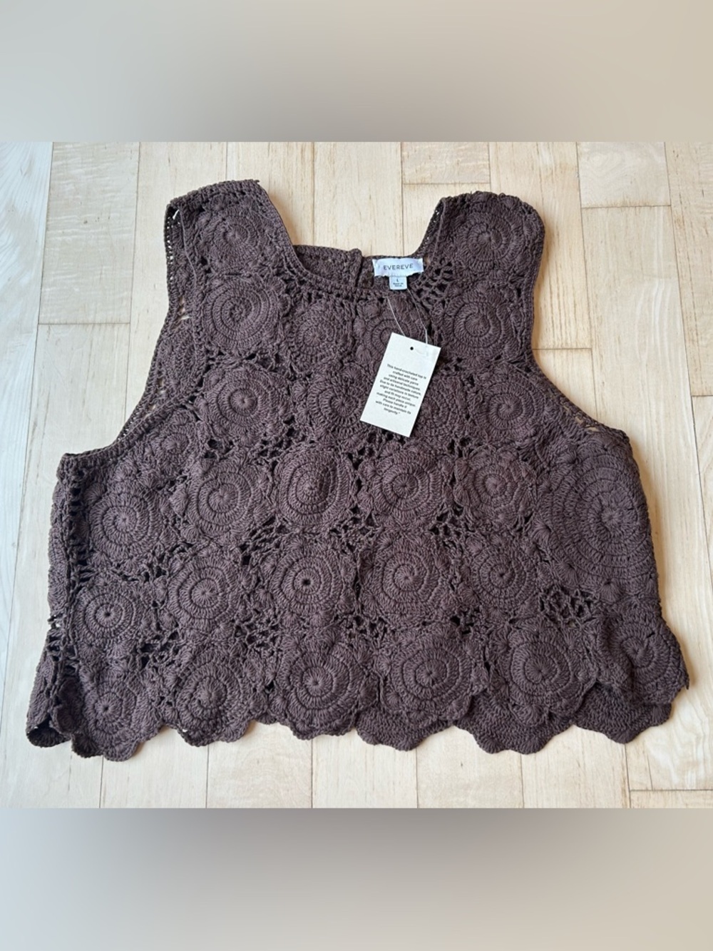Evereve Hand Crochet Cotton Floral Lace Sleeveless Tank Brown Boho Sz Large NWT - Picture 3 of 16